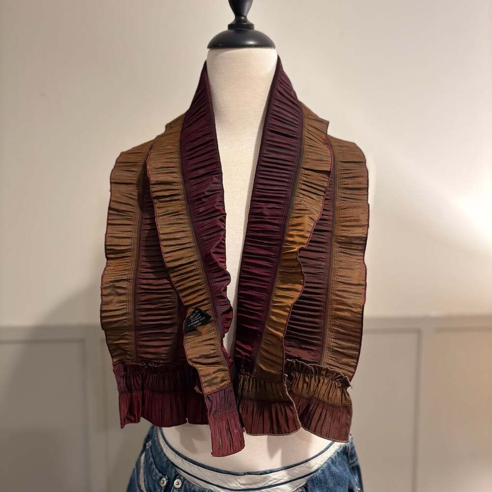 Vintage Made In France Pleated Ruffle Scarf Brown